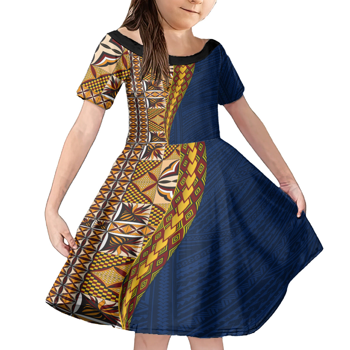 Samoan Siapo Family Matching Off Shoulder Long Sleeve Dress and Hawaiian Shirt Tatau Pattern Half Style LT03 Daughter's Dress Yellow - Polynesian Pride