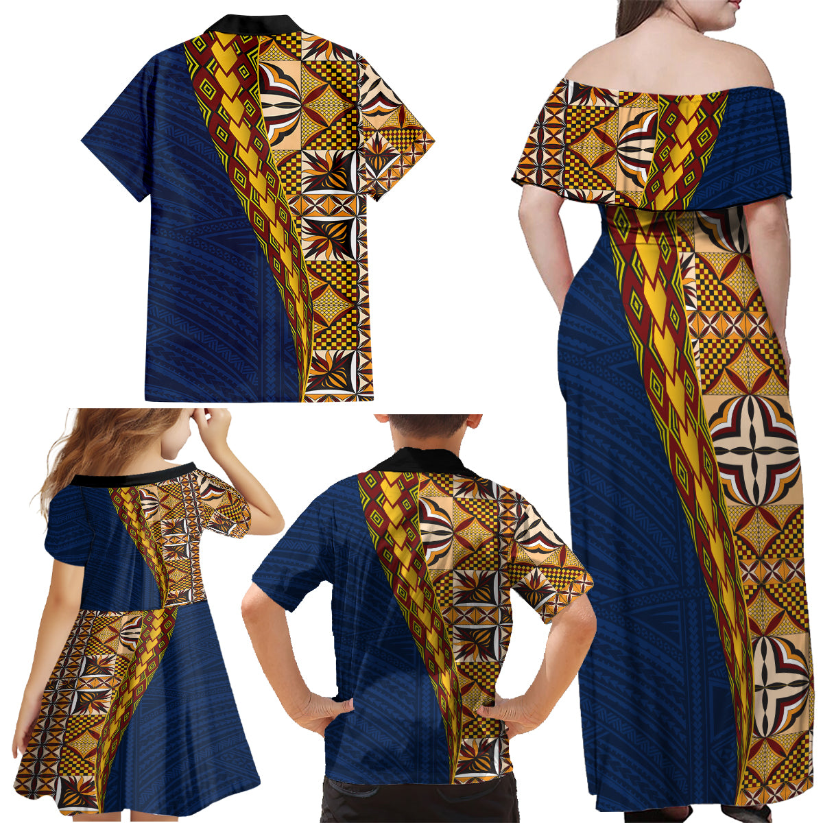 Samoan Siapo Family Matching Off Shoulder Maxi Dress and Hawaiian Shirt Tatau Pattern Half Style LT03 - Polynesian Pride