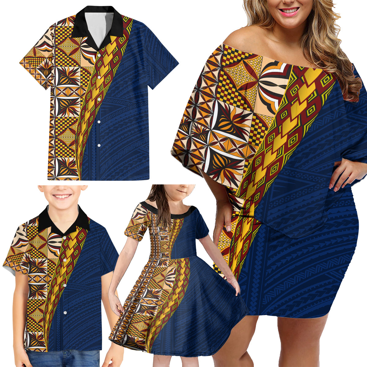 Samoan Siapo Family Matching Off Shoulder Short Dress and Hawaiian Shirt Tatau Pattern Half Style LT03 - Polynesian Pride