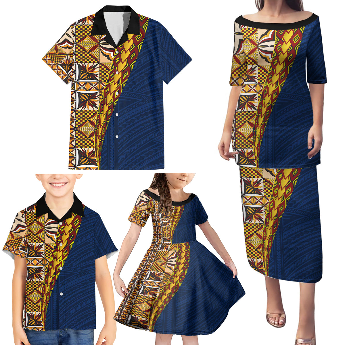 Samoan Siapo Family Matching Puletasi and Hawaiian Shirt Tatau Pattern Half Style LT03 - Polynesian Pride