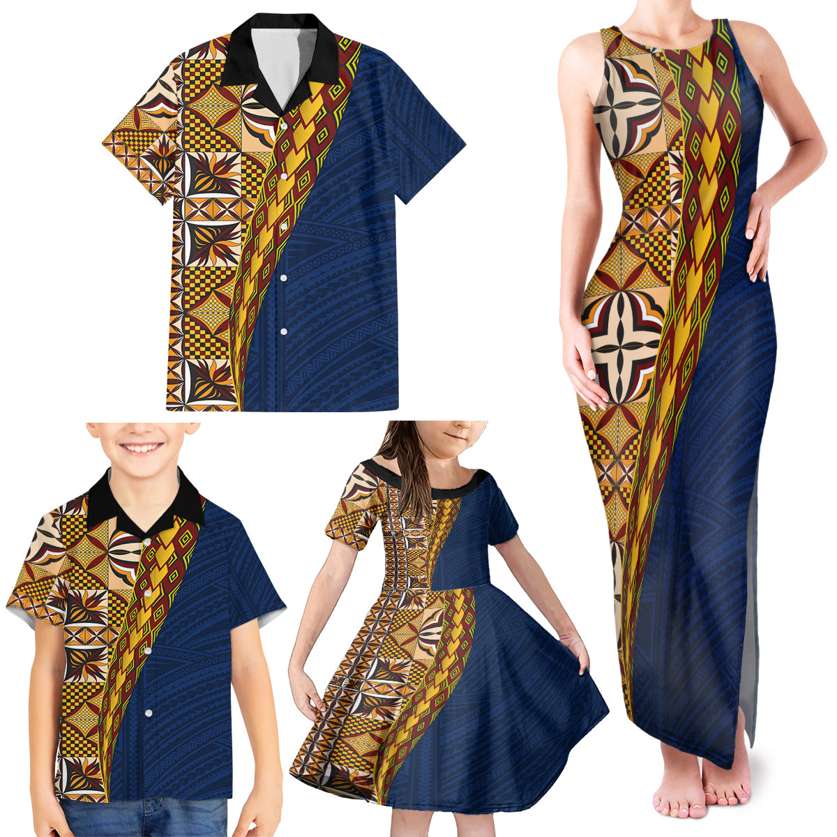 Samoan Siapo Family Matching Tank Maxi Dress and Hawaiian Shirt Tatau Pattern Half Style LT03 - Polynesian Pride