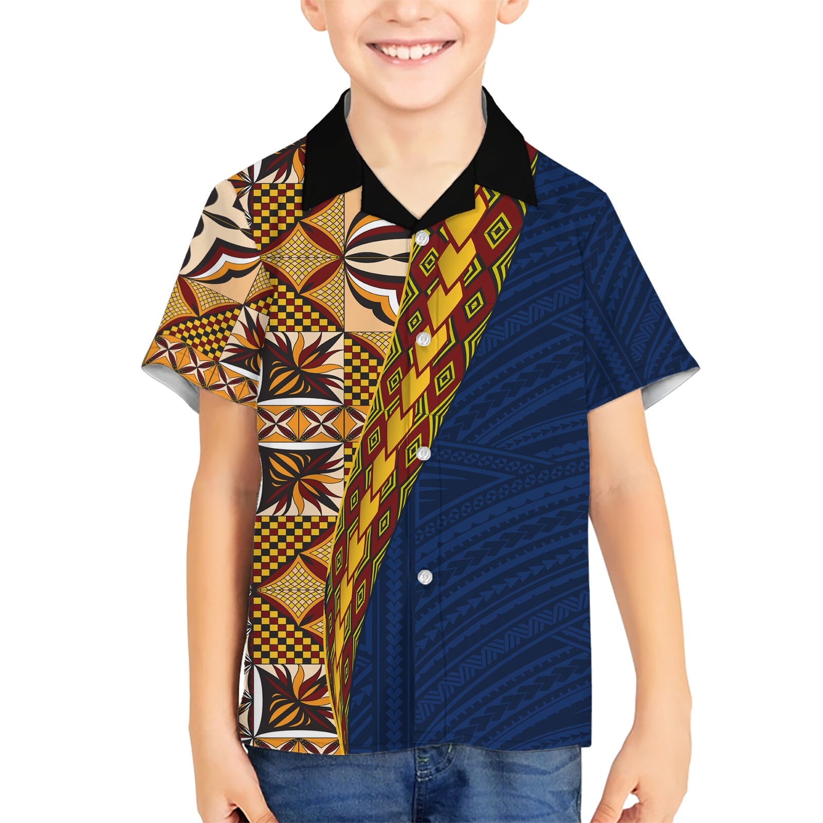 Samoan Siapo Kid Hawaiian Shirt Tatau Pattern Half Style LT03 Kid Yellow - Polynesian Pride