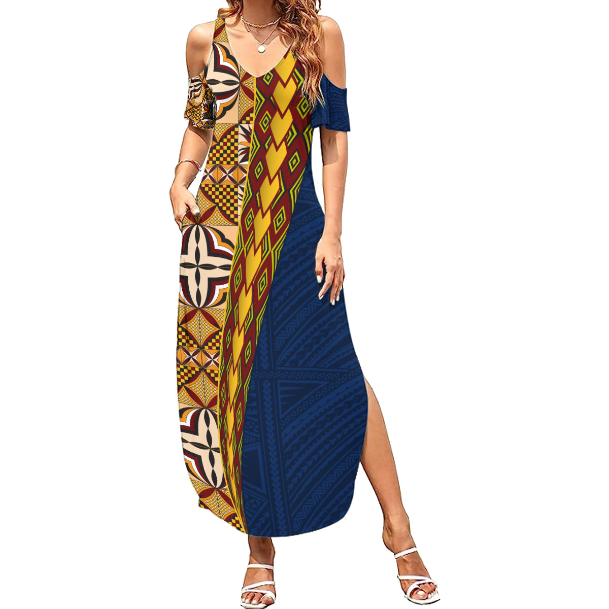 Samoan Siapo Summer Maxi Dress Tatau Pattern Half Style LT03 Women Yellow - Polynesian Pride