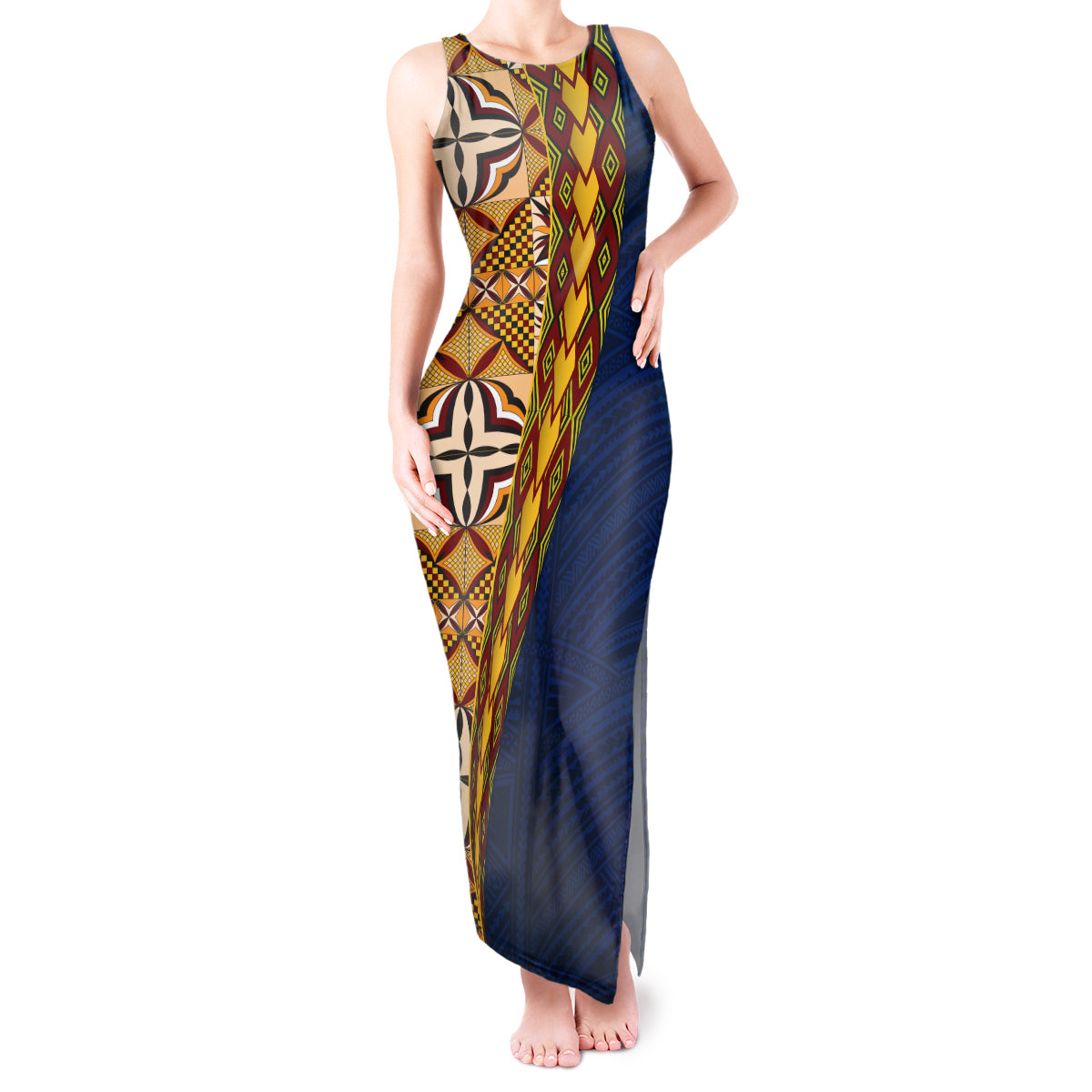 Samoan Siapo Tank Maxi Dress Tatau Pattern Half Style LT03 Women Yellow - Polynesian Pride