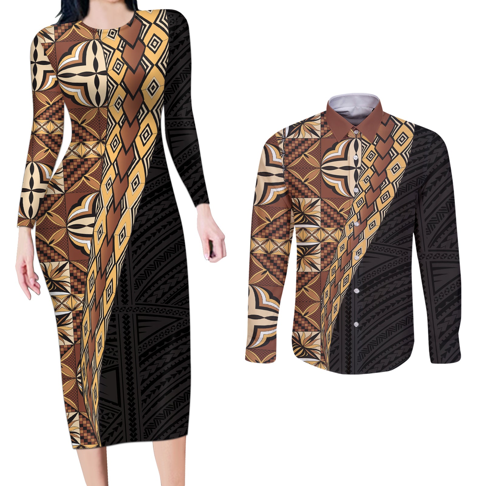 Samoan Siapo Couples Matching Long Sleeve Bodycon Dress and Long Sleeve Button Shirt Tatau Pattern Half Style Retro Mode LT03 Brown - Polynesian Pride