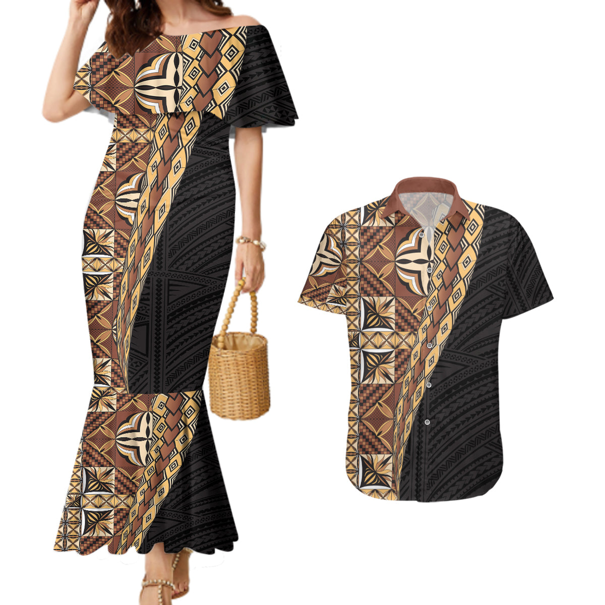 Samoan Siapo Couples Matching Mermaid Dress and Hawaiian Shirt Tatau Pattern Half Style Retro Mode LT03 Brown - Polynesian Pride