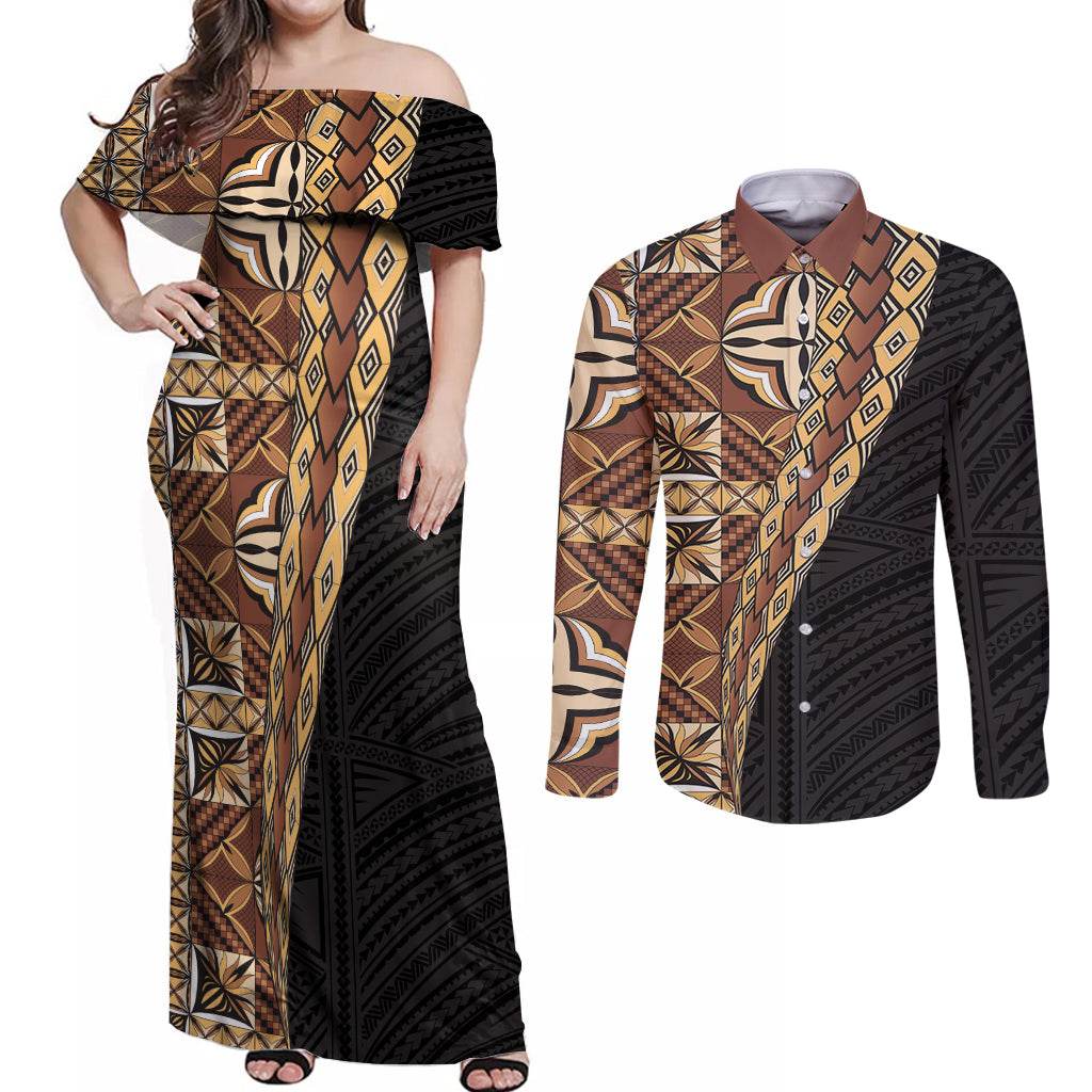 Samoan Siapo Couples Matching Off Shoulder Maxi Dress and Long Sleeve Button Shirt Tatau Pattern Half Style Retro Mode LT03 Brown - Polynesian Pride