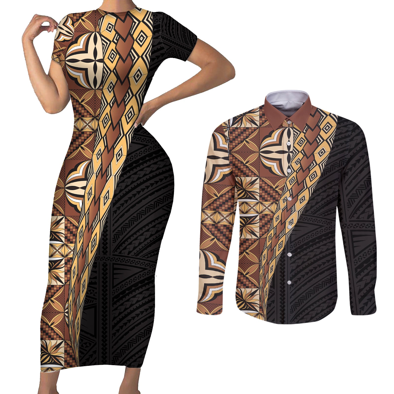 Samoan Siapo Couples Matching Short Sleeve Bodycon Dress and Long Sleeve Button Shirt Tatau Pattern Half Style Retro Mode LT03 Brown - Polynesian Pride