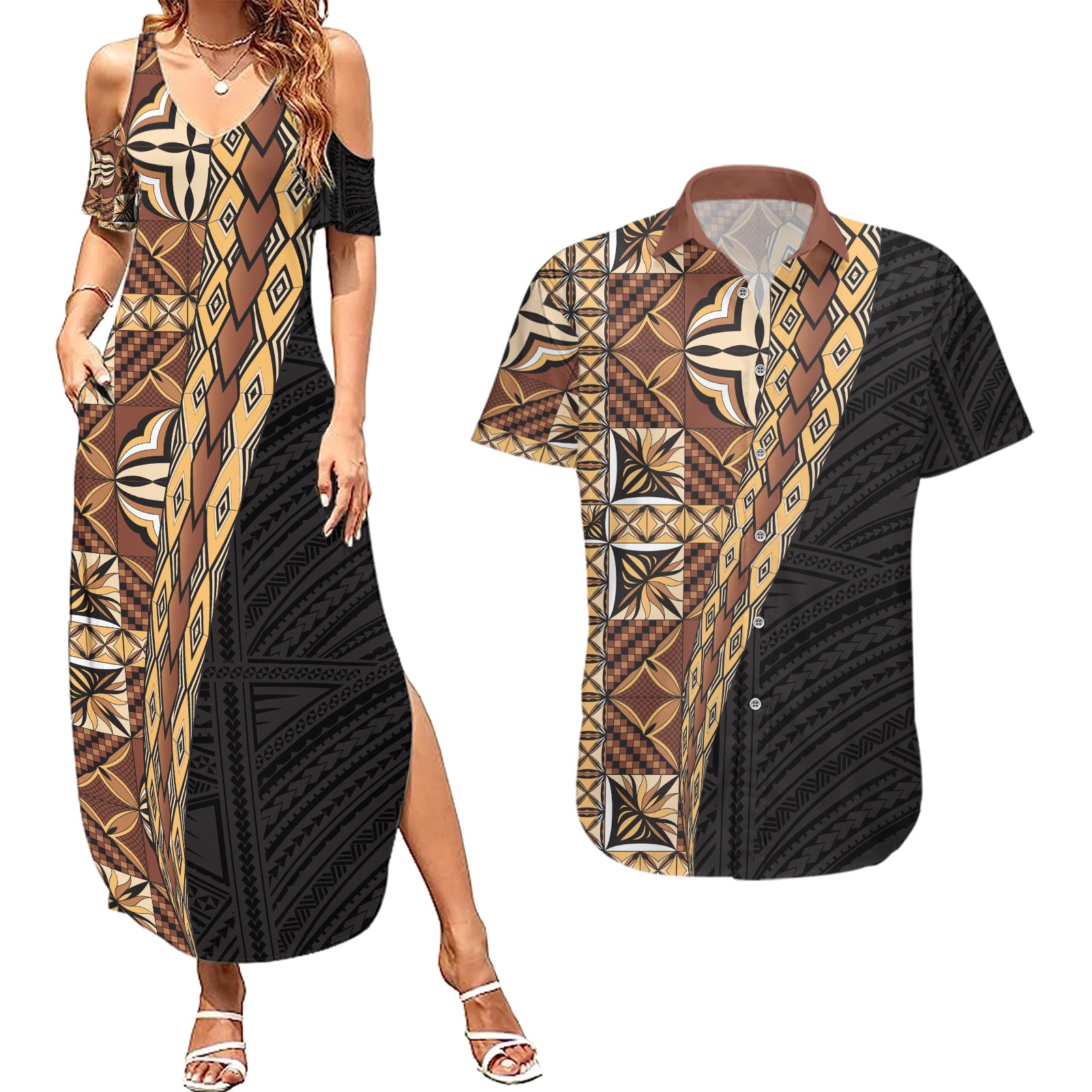 Samoan Siapo Couples Matching Summer Maxi Dress and Hawaiian Shirt Tatau Pattern Half Style Retro Mode LT03 Brown - Polynesian Pride