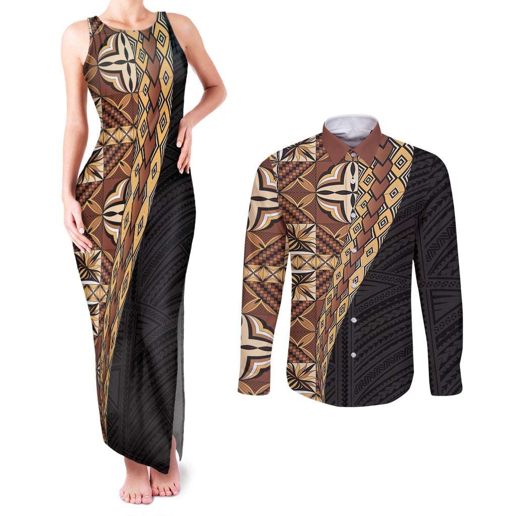 Samoan Siapo Couples Matching Tank Maxi Dress and Long Sleeve Button Shirt Tatau Pattern Half Style Retro Mode LT03 Brown - Polynesian Pride