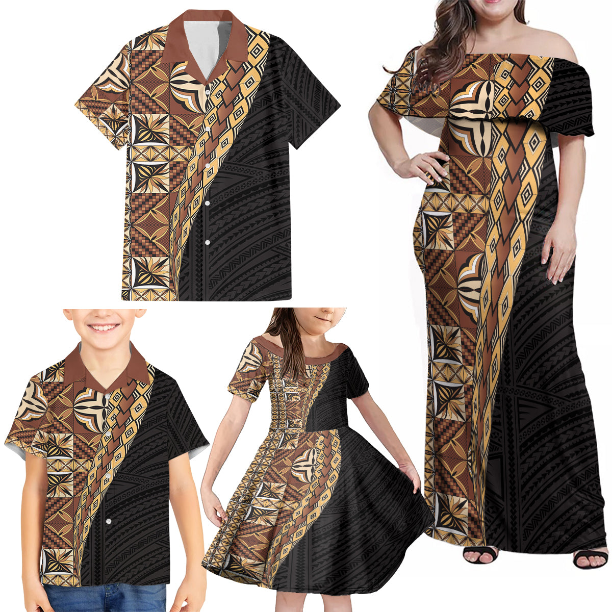 Samoan Siapo Family Matching Off Shoulder Maxi Dress and Hawaiian Shirt Tatau Pattern Half Style Retro Mode LT03 - Polynesian Pride