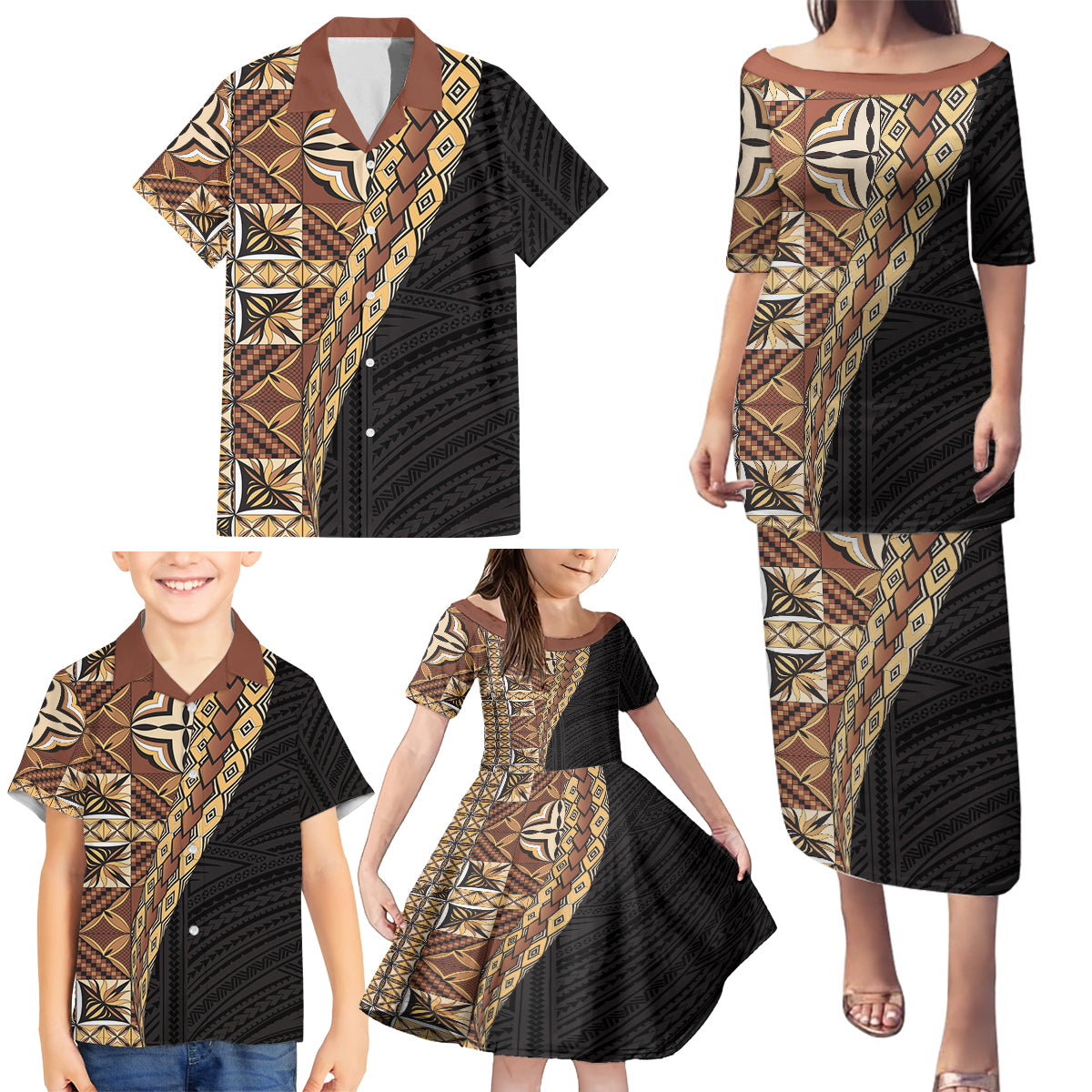 Samoan Siapo Family Matching Puletasi and Hawaiian Shirt Tatau Pattern Half Style Retro Mode LT03 - Polynesian Pride