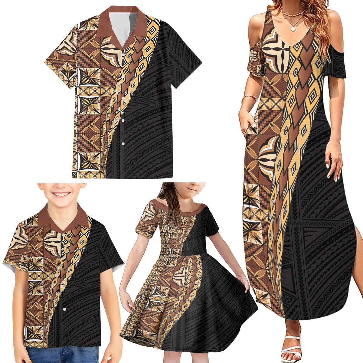 Samoan Siapo Family Matching Summer Maxi Dress and Hawaiian Shirt Tatau Pattern Half Style Retro Mode LT03 - Polynesian Pride