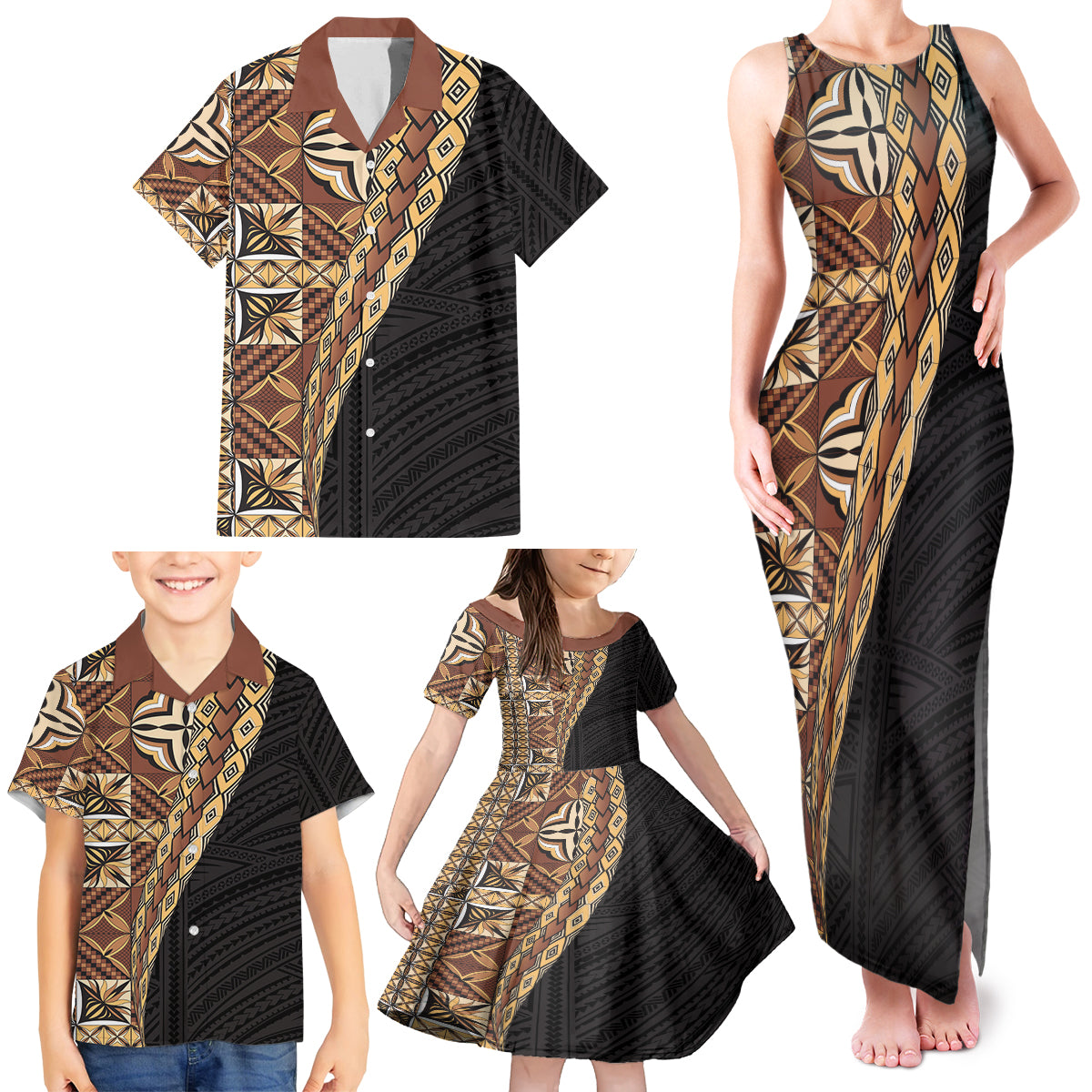 Samoan Siapo Family Matching Tank Maxi Dress and Hawaiian Shirt Tatau Pattern Half Style Retro Mode LT03 - Polynesian Pride