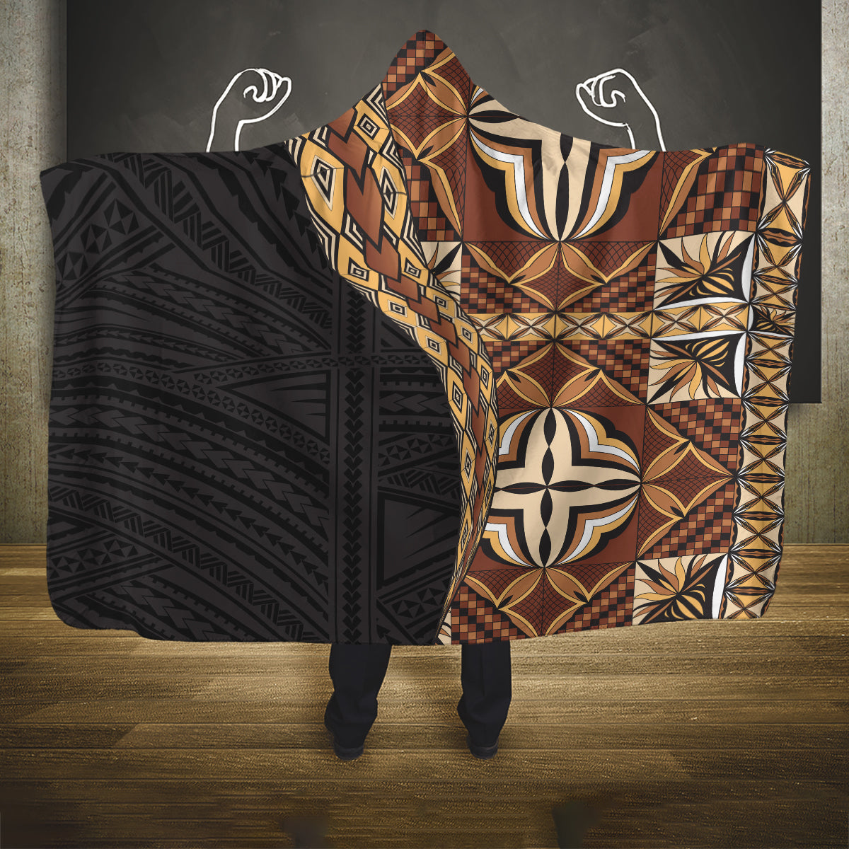 Samoan Siapo Hooded Blanket Tatau Pattern Half Style Retro Mode LT03 One Size Brown - Polynesian Pride