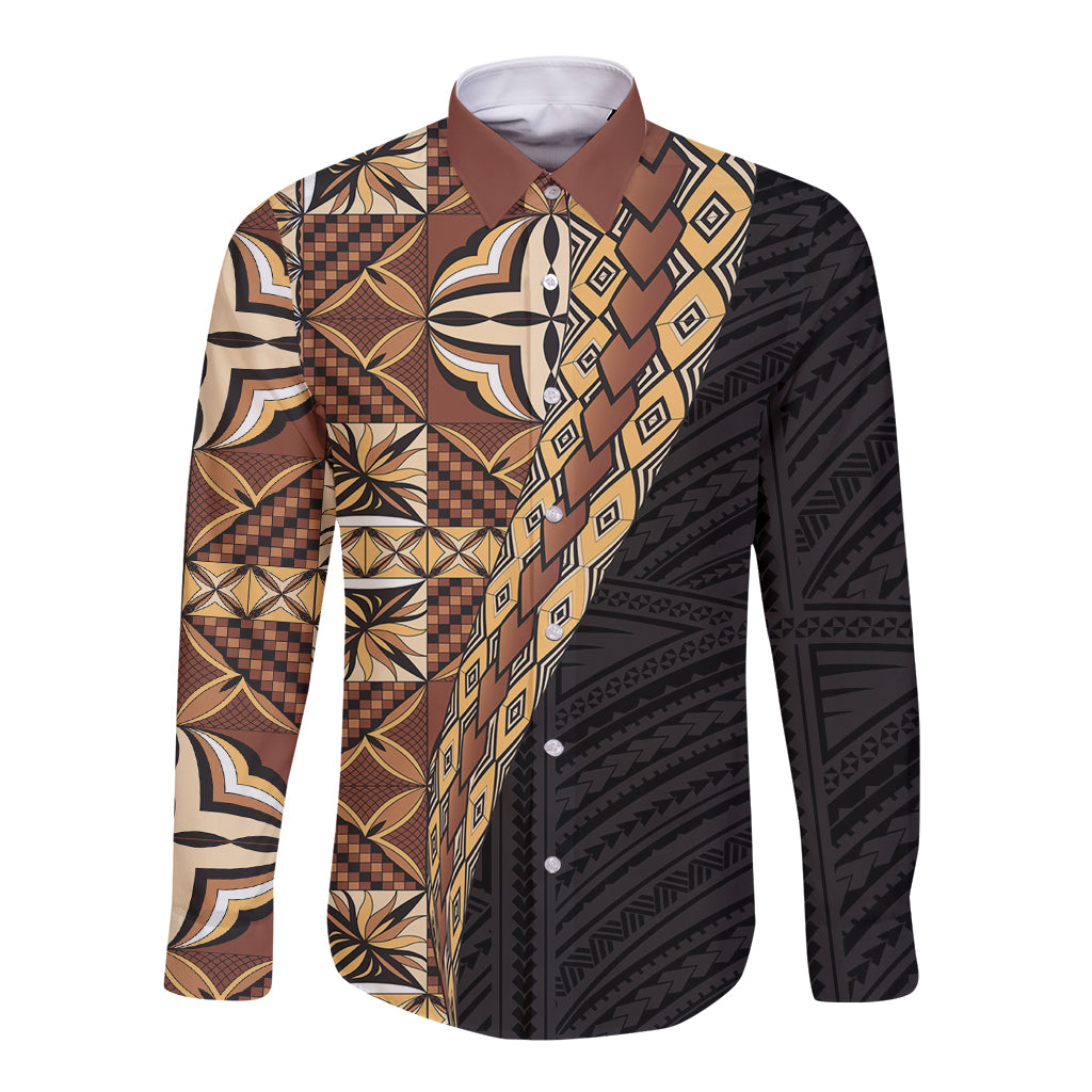 Samoan Siapo Long Sleeve Button Shirt Tatau Pattern Half Style Retro Mode LT03 Unisex Brown - Polynesian Pride