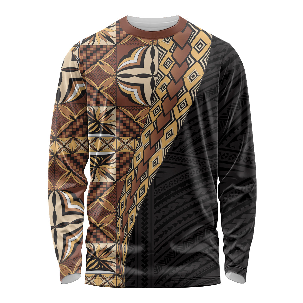 Samoan Siapo Long Sleeve Shirt Tatau Pattern Half Style Retro Mode LT03 Unisex Brown - Polynesian Pride