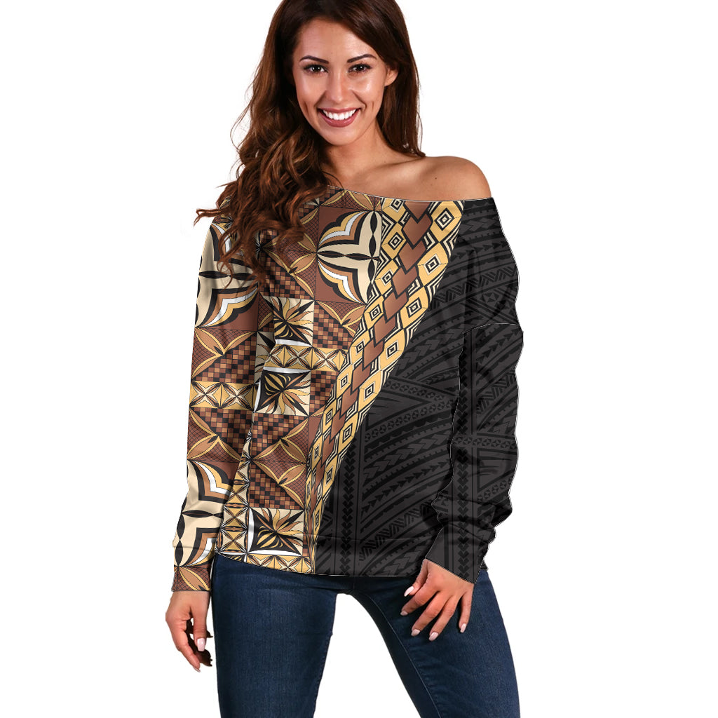 Samoan Siapo Off Shoulder Sweater Tatau Pattern Half Style Retro Mode LT03 Women Brown - Polynesian Pride