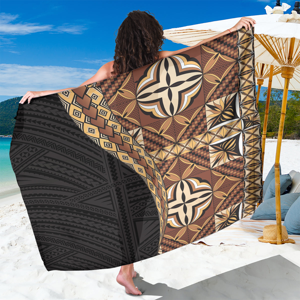 Samoan Siapo Sarong Tatau Pattern Half Style Retro Mode LT03 One Size 44 x 66 inches Brown - Polynesian Pride