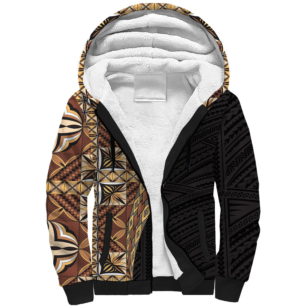 Samoan Siapo Sherpa Hoodie Tatau Pattern Half Style Retro Mode LT03 Unisex Brown - Polynesian Pride