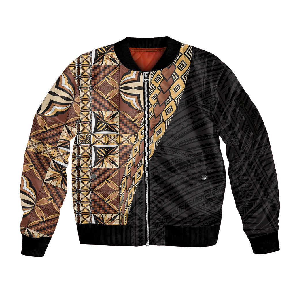 Samoan Siapo Sleeve Zip Bomber Jacket Tatau Pattern Half Style Retro Mode LT03 Unisex Brown - Polynesian Pride