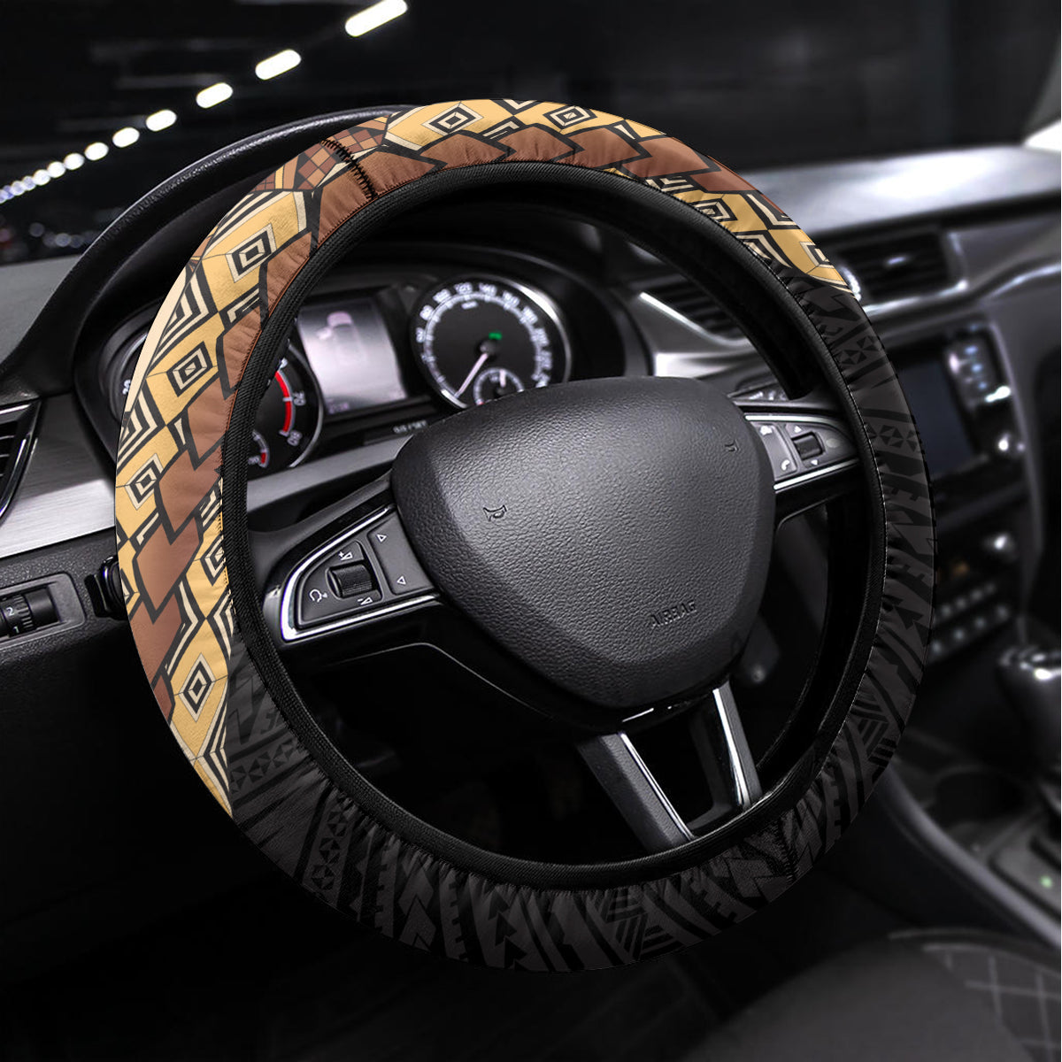 Samoan Siapo Steering Wheel Cover Tatau Pattern Half Style Retro Mode LT03 Universal Fit Brown - Polynesian Pride