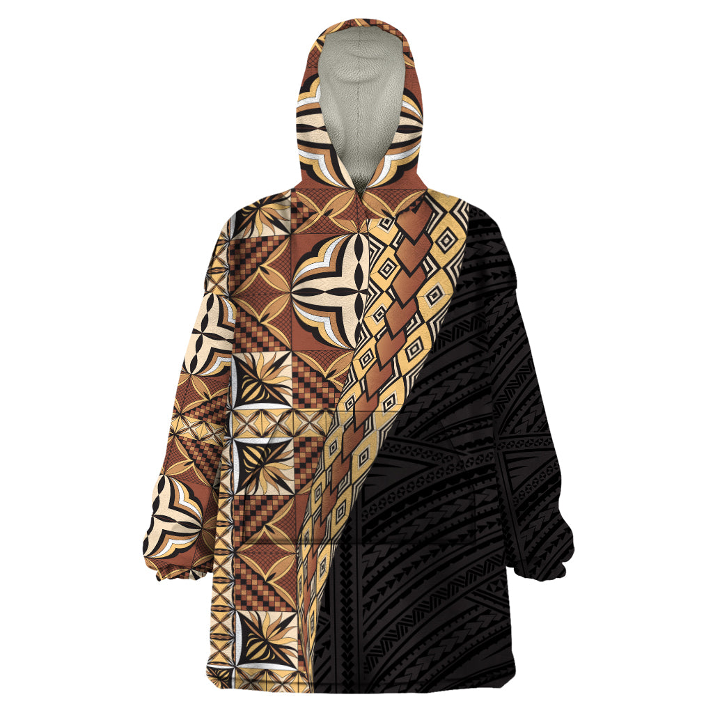 Samoan Siapo Wearable Blanket Hoodie Tatau Pattern Half Style Retro Mode LT03 One Size Brown - Polynesian Pride