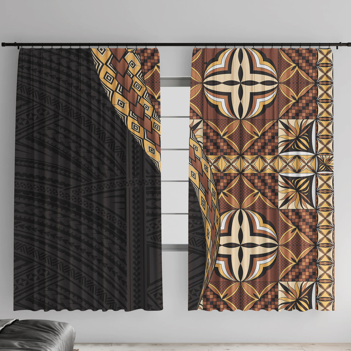 Samoan Siapo Window Curtain Tatau Pattern Half Style Retro Mode LT03 With Hooks Brown - Polynesian Pride