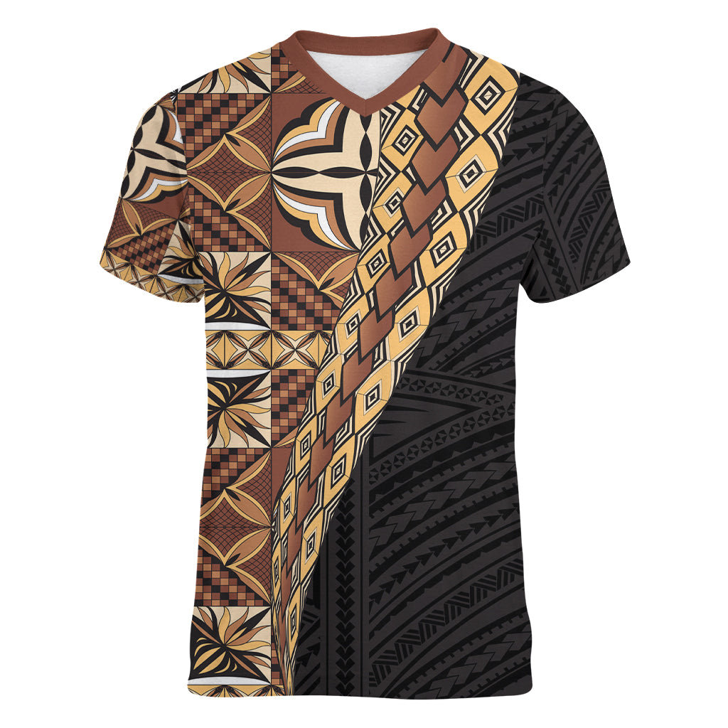 Samoan Siapo Women V Neck T Shirt Tatau Pattern Half Style Retro Mode LT03 Female Brown - Polynesian Pride