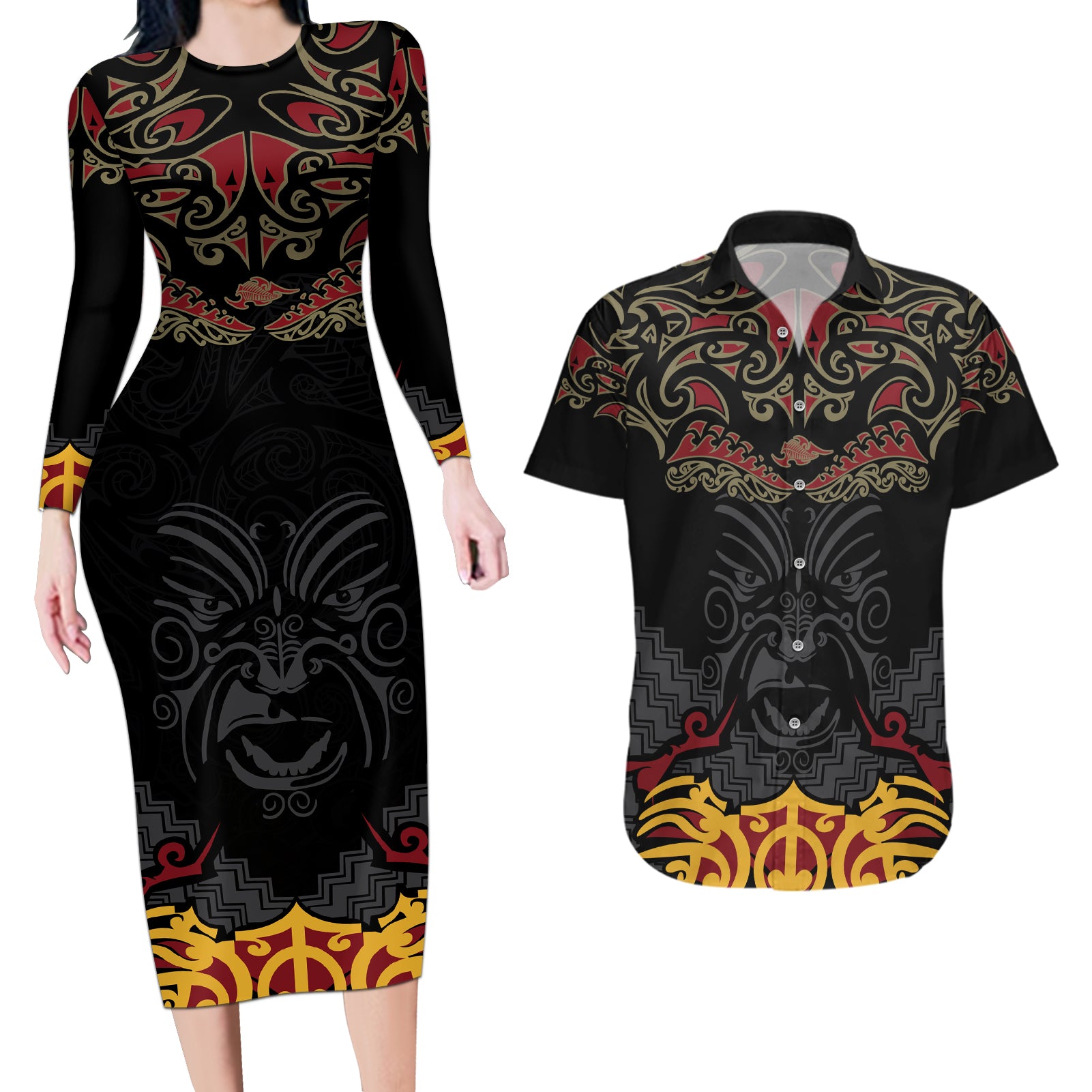 Custom New Zealand Rugby Couples Matching Long Sleeve Bodycon Dress and Hawaiian Shirt Black Fern Maori Tribal Pattern LT03 Black - Polynesian Pride