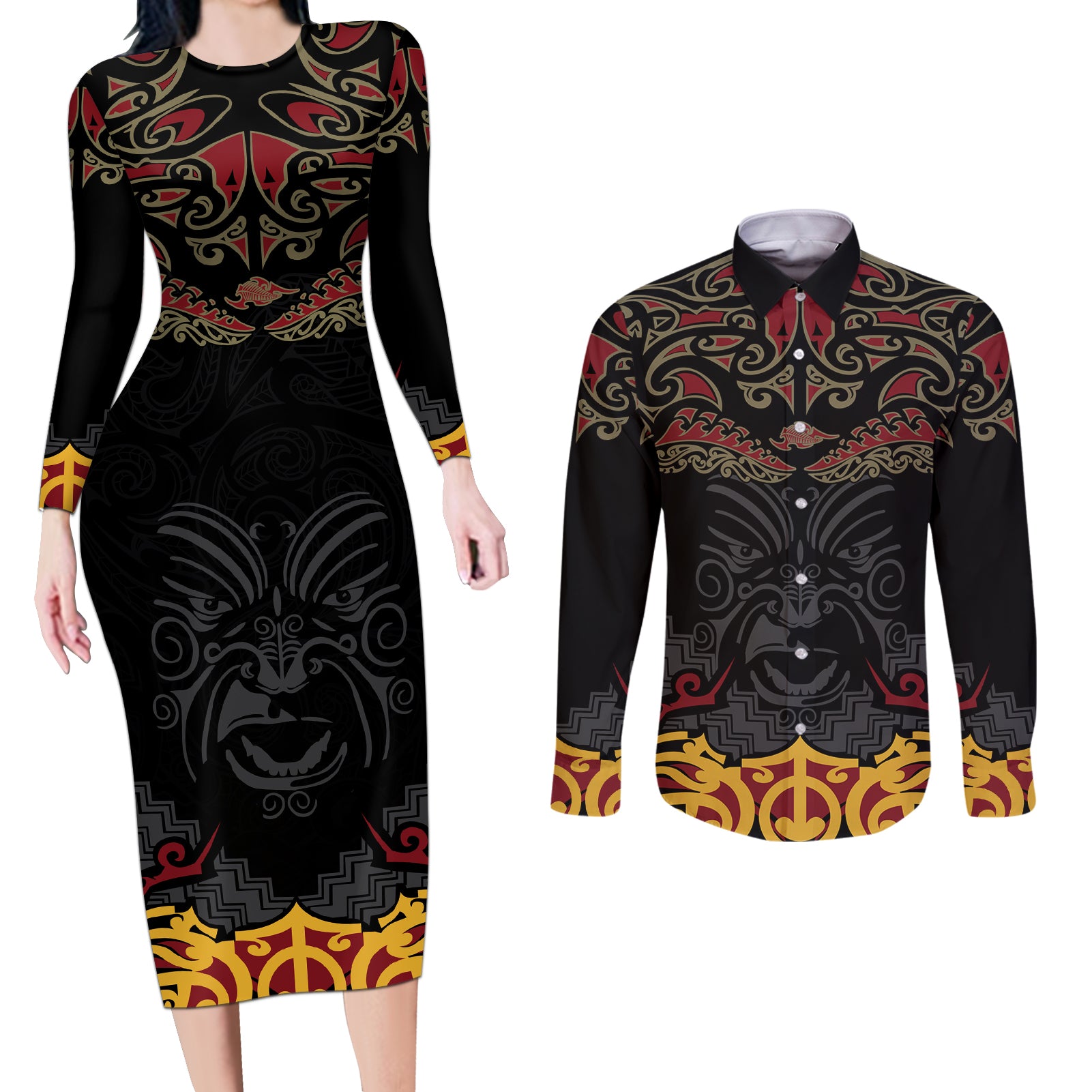 Custom New Zealand Rugby Couples Matching Long Sleeve Bodycon Dress and Long Sleeve Button Shirt Black Fern Maori Tribal Pattern LT03 Black - Polynesian Pride