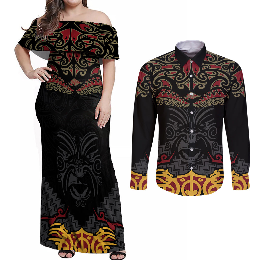 Custom New Zealand Rugby Couples Matching Off Shoulder Maxi Dress and Long Sleeve Button Shirt Black Fern Maori Tribal Pattern LT03 Black - Polynesian Pride