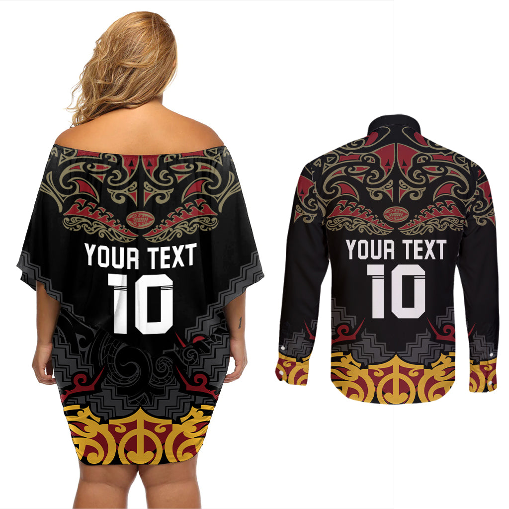 Custom New Zealand Rugby Couples Matching Off Shoulder Short Dress and Long Sleeve Button Shirt Black Fern Maori Tribal Pattern LT03 - Polynesian Pride