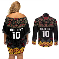 Custom New Zealand Rugby Couples Matching Off Shoulder Short Dress and Long Sleeve Button Shirt Black Fern Maori Tribal Pattern LT03 - Polynesian Pride