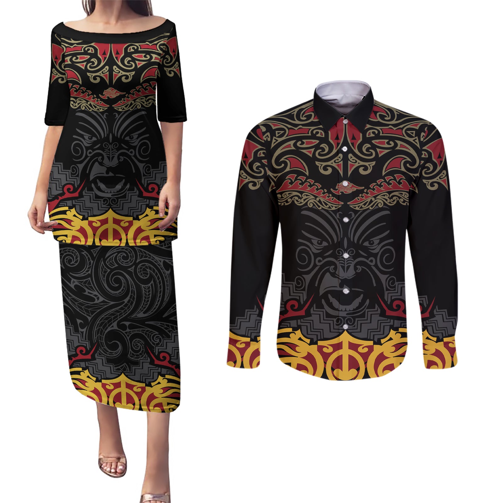 Custom New Zealand Rugby Couples Matching Puletasi and Long Sleeve Button Shirt Black Fern Maori Tribal Pattern LT03 Black - Polynesian Pride