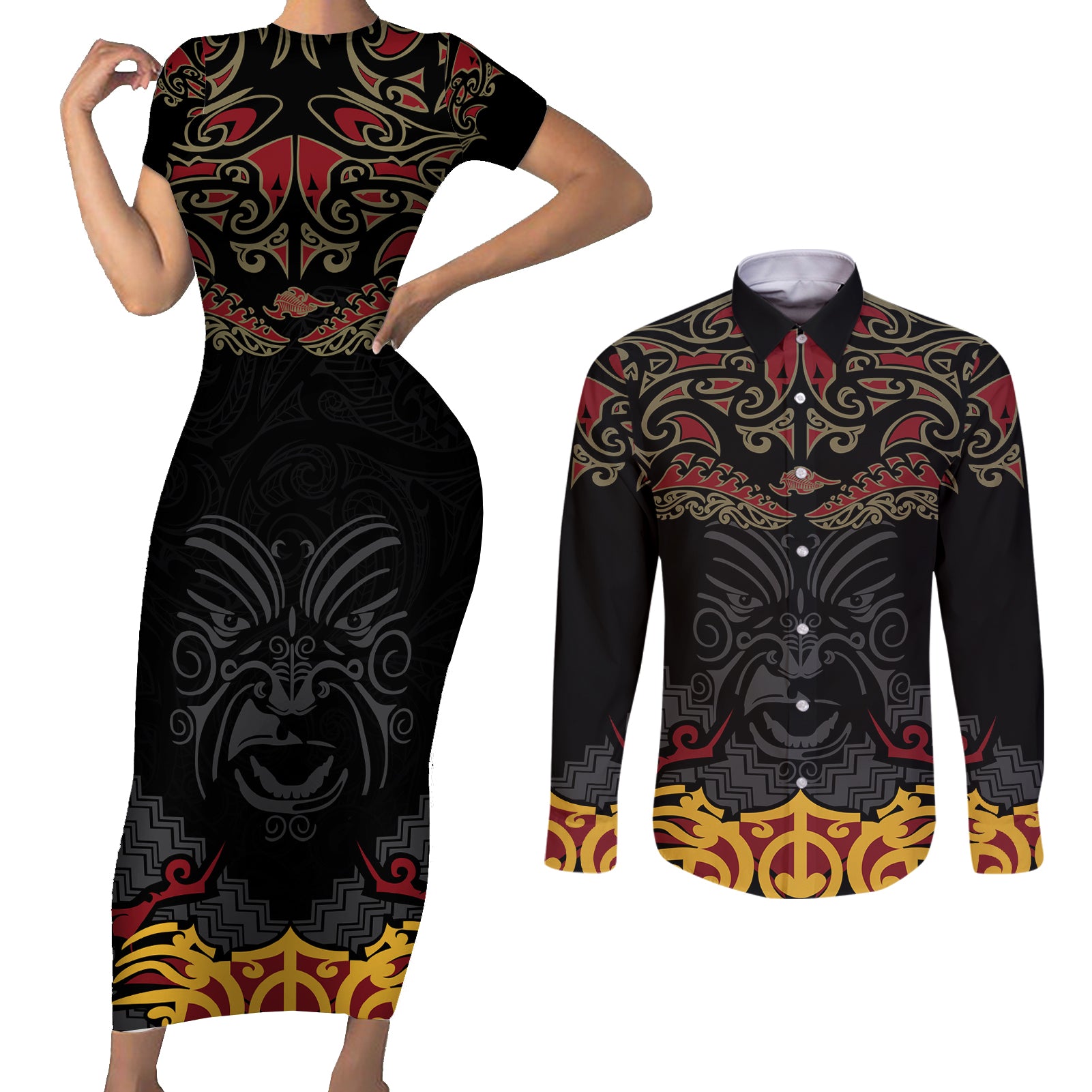 Custom New Zealand Rugby Couples Matching Short Sleeve Bodycon Dress and Long Sleeve Button Shirt Black Fern Maori Tribal Pattern LT03 Black - Polynesian Pride