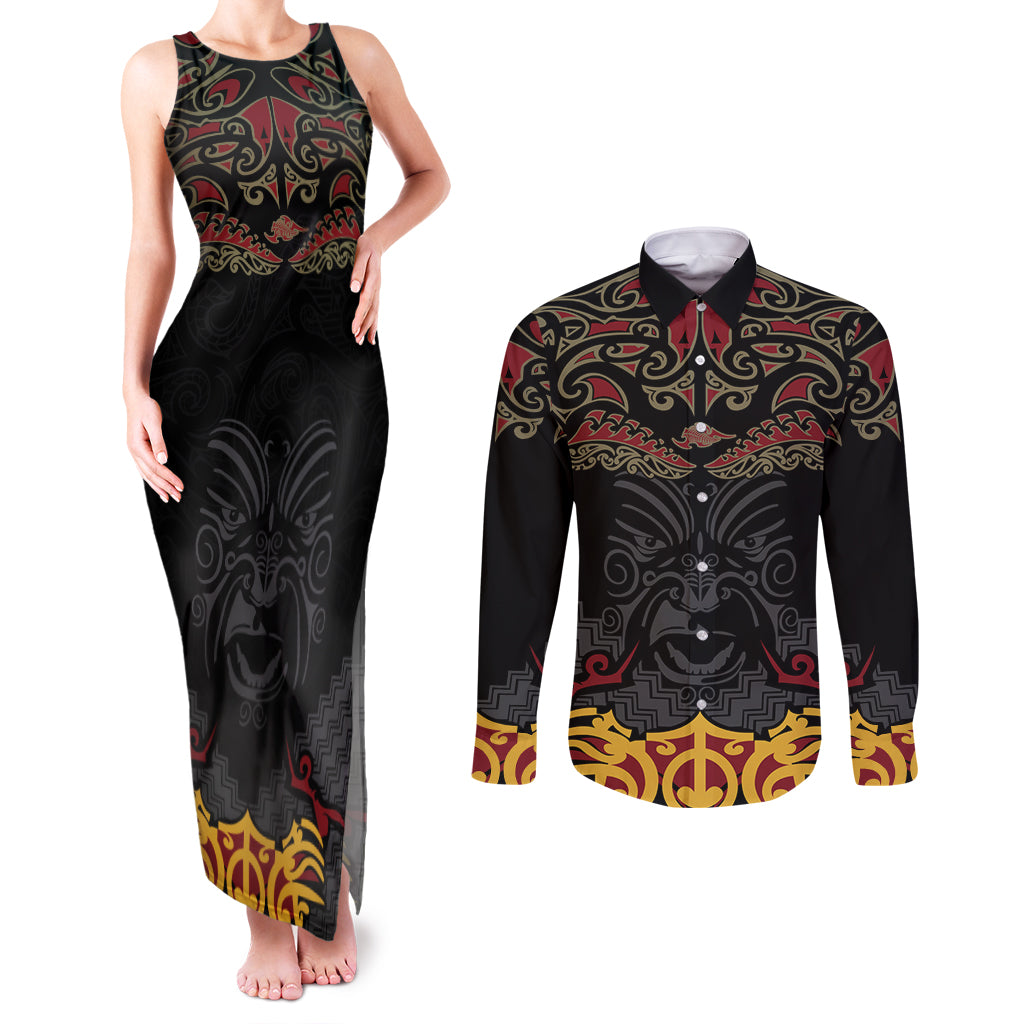 Custom New Zealand Rugby Couples Matching Tank Maxi Dress and Long Sleeve Button Shirt Black Fern Maori Tribal Pattern LT03 Black - Polynesian Pride