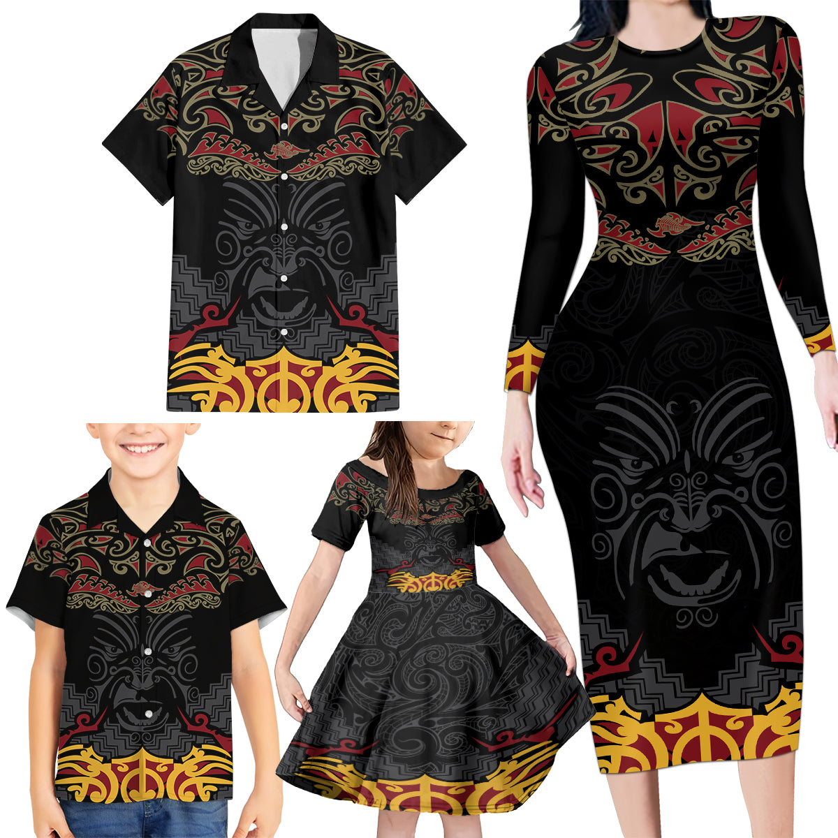 Custom New Zealand Rugby Family Matching Long Sleeve Bodycon Dress and Hawaiian Shirt Black Fern Maori Tribal Pattern LT03 - Polynesian Pride