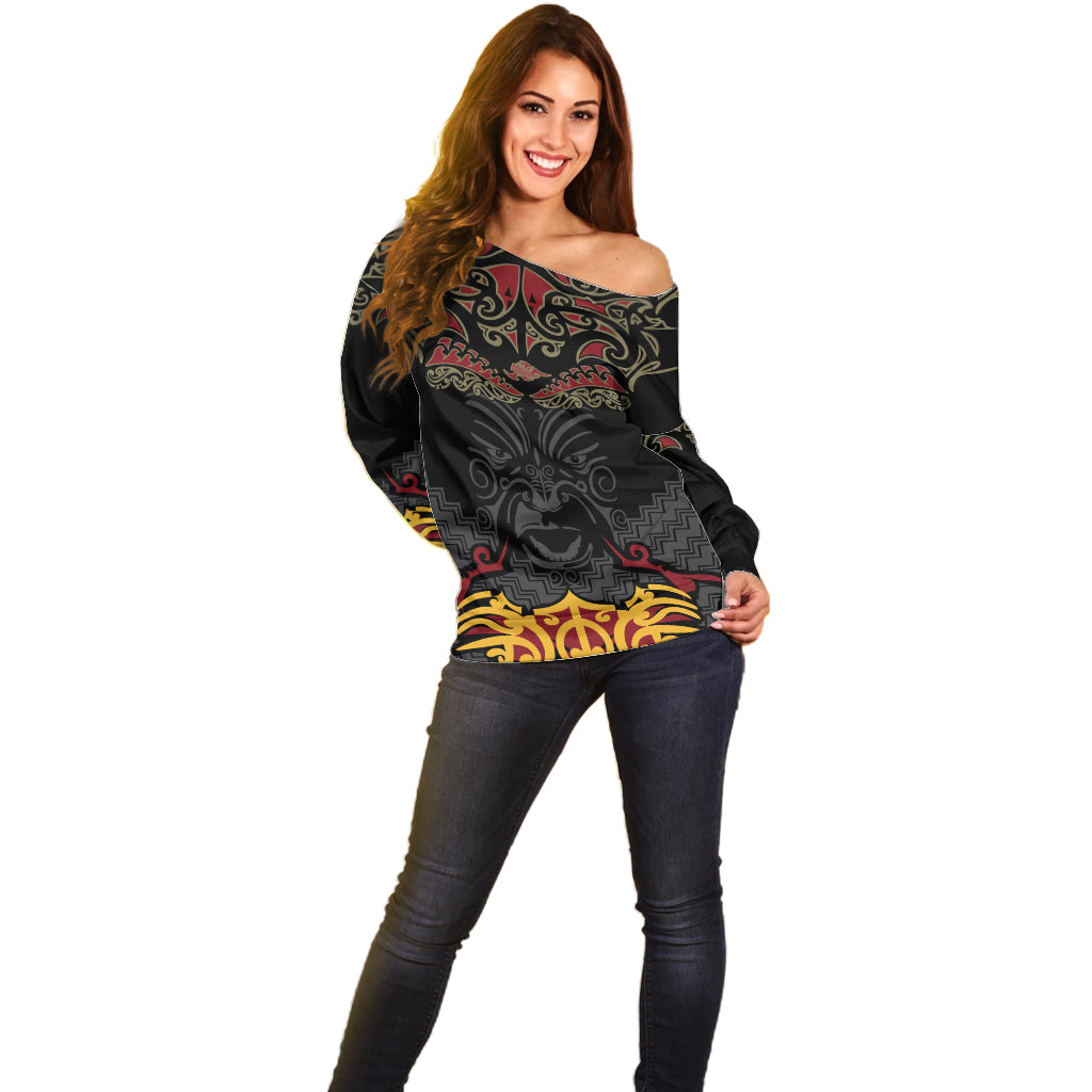 Custom New Zealand Rugby Off Shoulder Sweater Black Fern Maori Tribal Pattern LT03 - Polynesian Pride