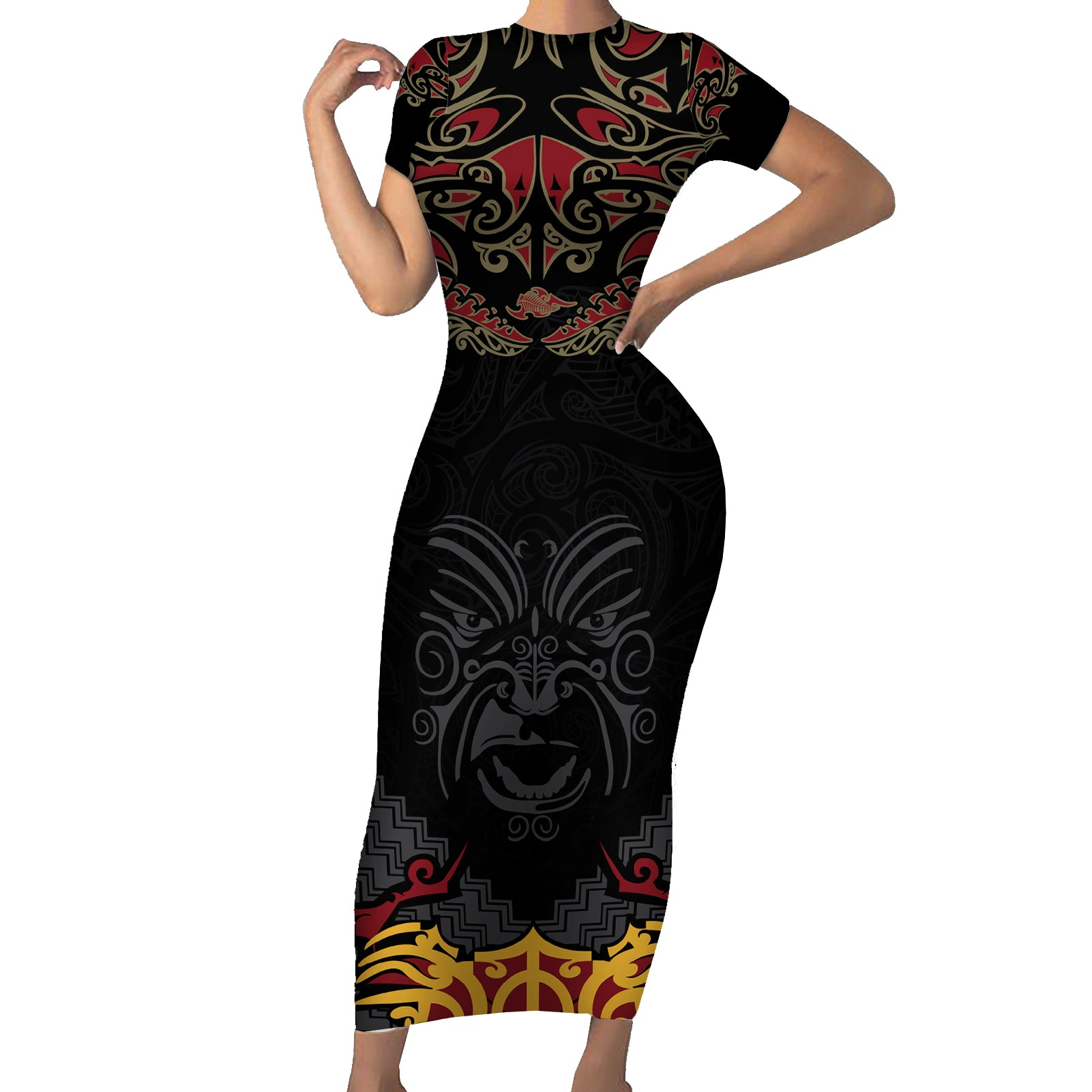 Custom New Zealand Rugby Short Sleeve Bodycon Dress Black Fern Maori Tribal Pattern LT03 Long Dress Black - Polynesian Pride