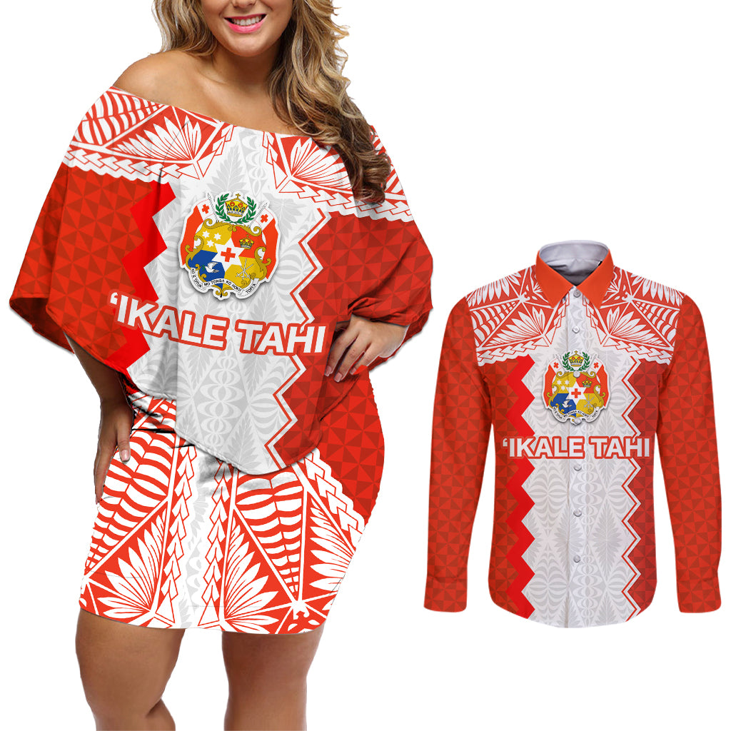 Custom Tonga Rugby Couples Matching Off Shoulder Short Dress and Long Sleeve Button Shirt Ikale Tahi Ngatu Tribal Pattern LT03