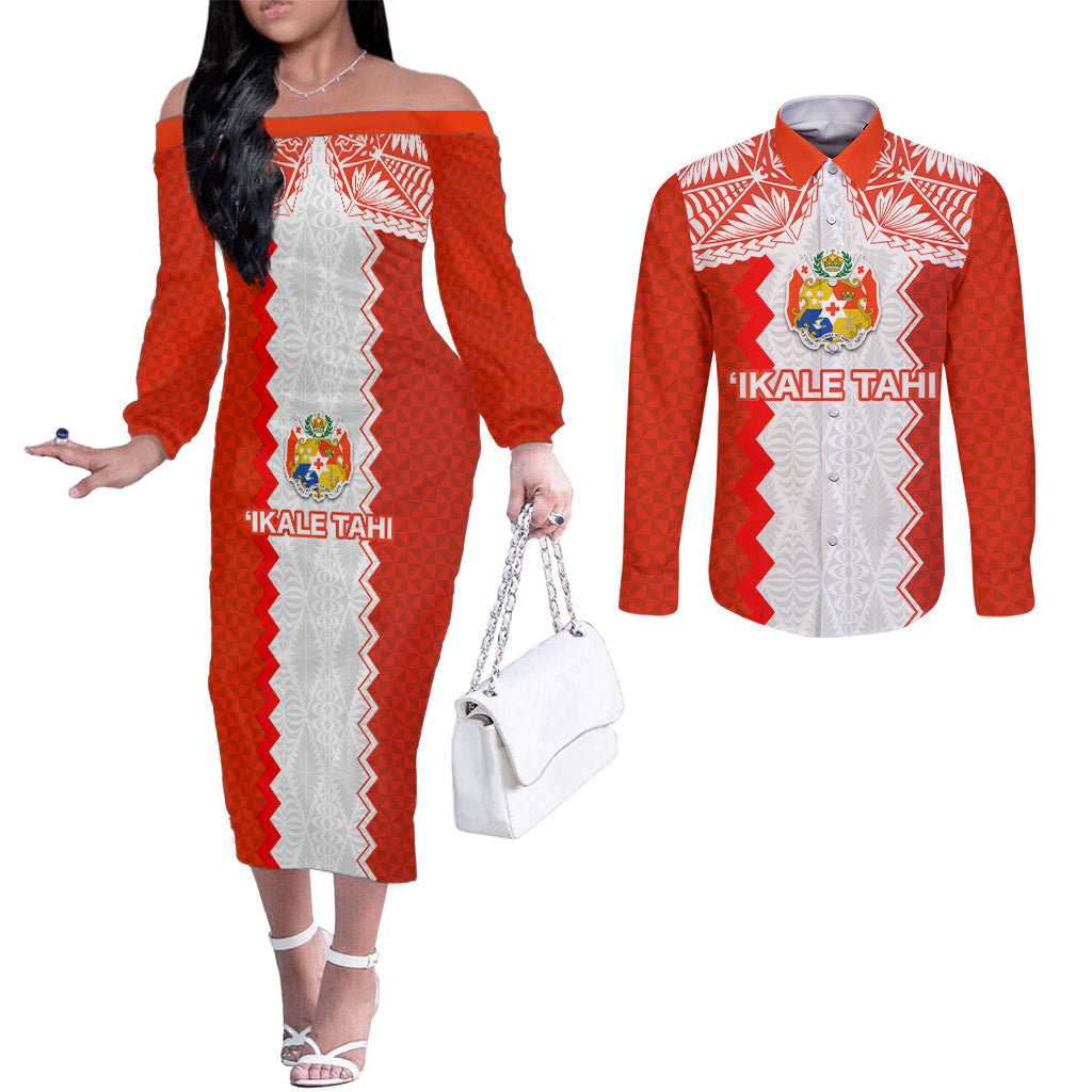 Custom Tonga Rugby Couples Matching Off The Shoulder Long Sleeve Dress and Long Sleeve Button Shirt Ikale Tahi Ngatu Tribal Pattern LT03