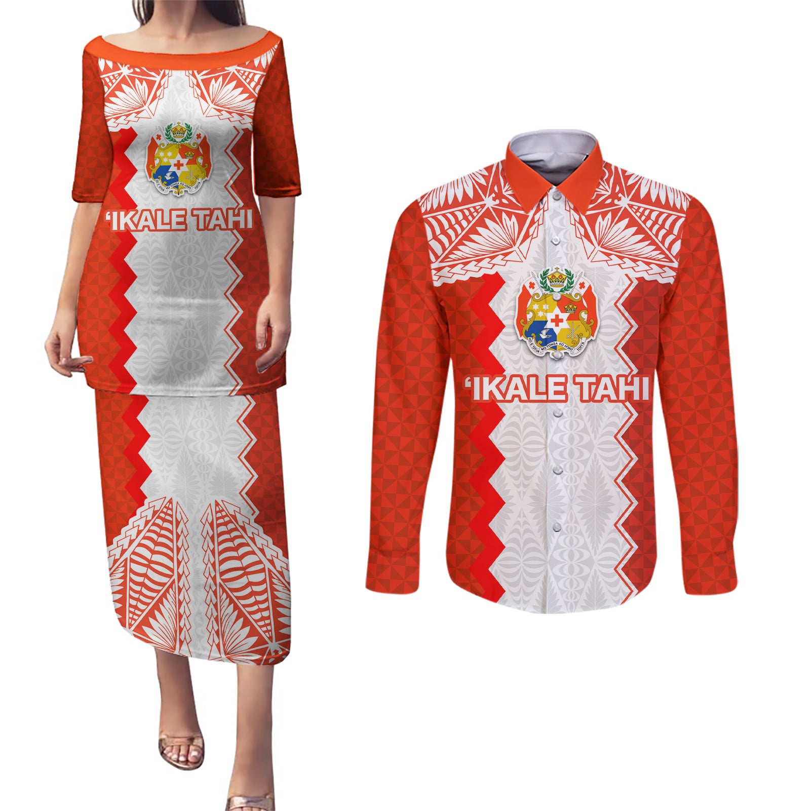 Custom Tonga Rugby Couples Matching Puletasi and Long Sleeve Button Shirt Ikale Tahi Ngatu Tribal Pattern LT03