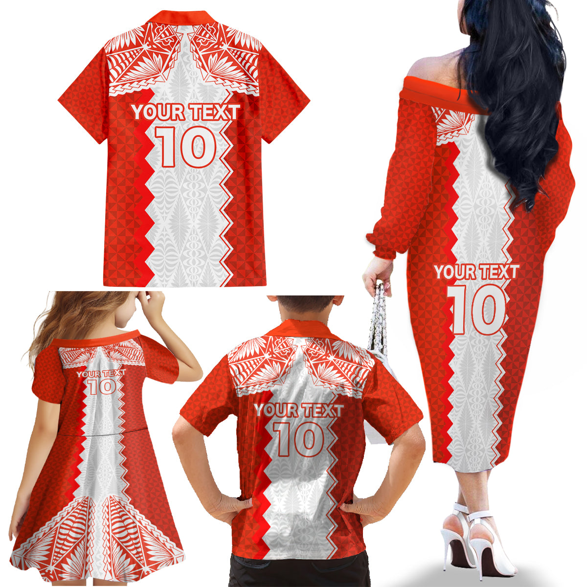 Custom Tonga Rugby Family Matching Off Shoulder Long Sleeve Dress and Hawaiian Shirt Ikale Tahi Ngatu Tribal Pattern LT03