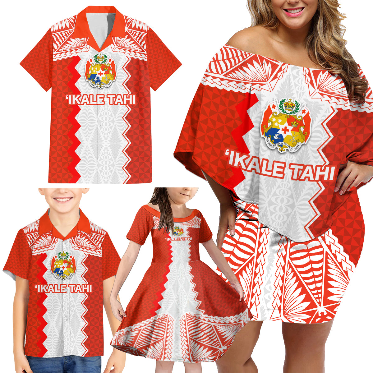 Custom Tonga Rugby Family Matching Off Shoulder Short Dress and Hawaiian Shirt Ikale Tahi Ngatu Tribal Pattern LT03