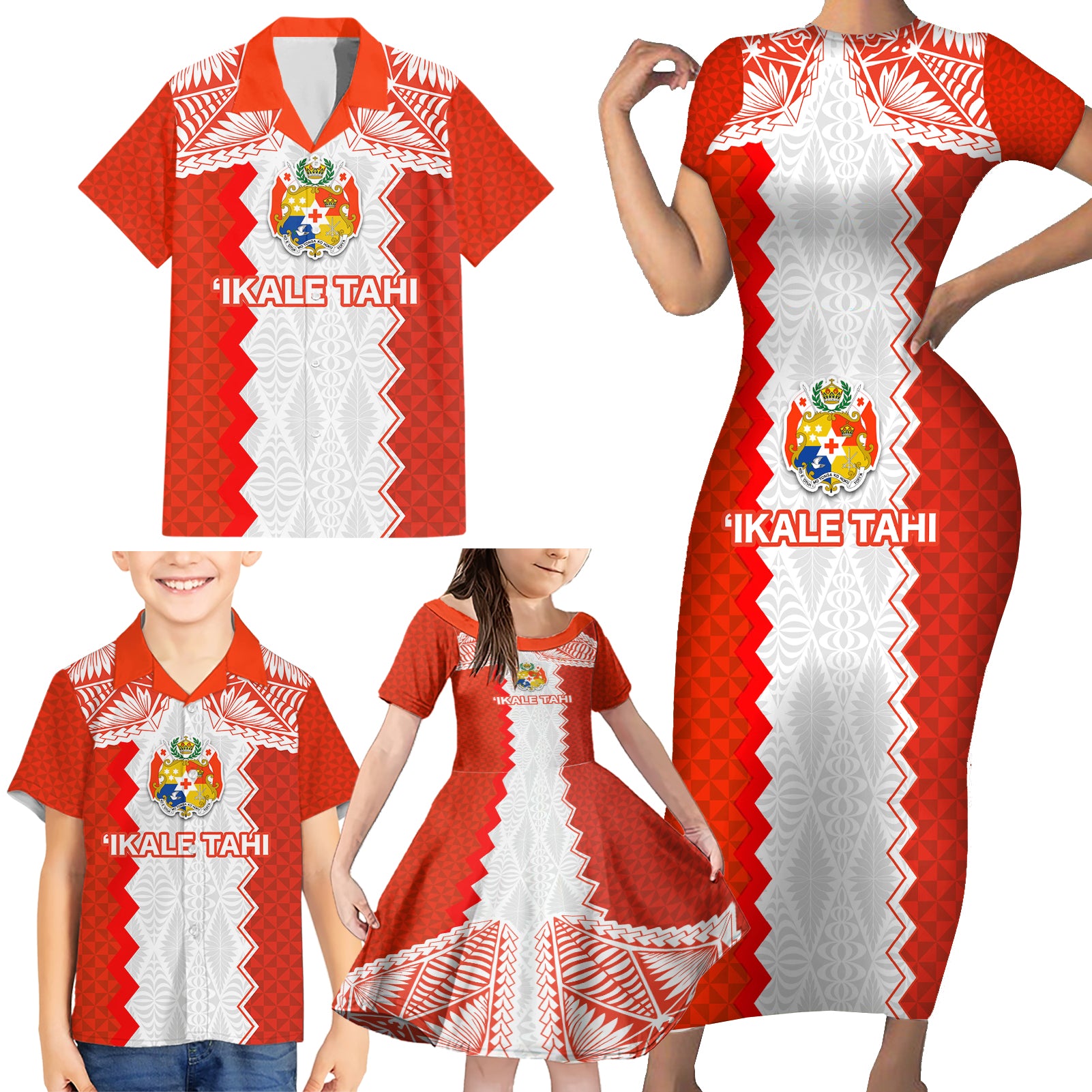 Custom Tonga Rugby Family Matching Short Sleeve Bodycon Dress and Hawaiian Shirt Ikale Tahi Ngatu Tribal Pattern LT03