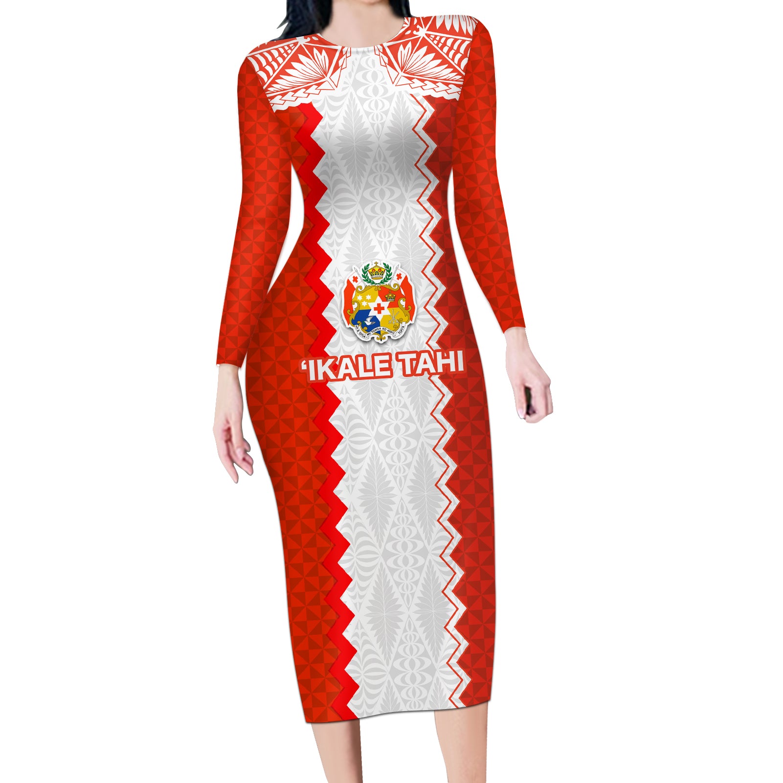 Custom Tonga Rugby Long Sleeve Bodycon Dress Ikale Tahi Ngatu Tribal Pattern LT03