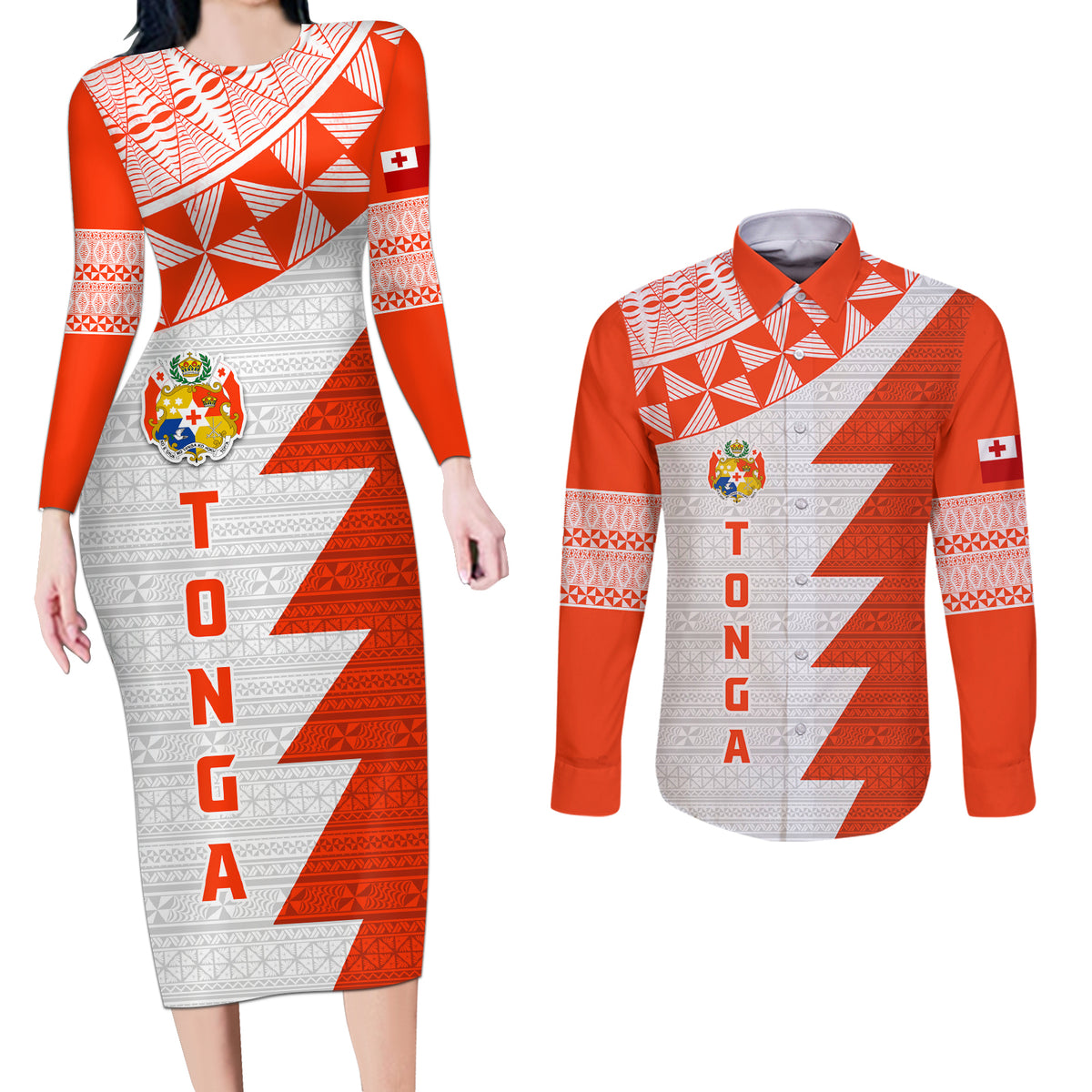Custom Tonga Rugby Couples Matching Long Sleeve Bodycon Dress and Long Sleeve Button Shirt Ikale Tahi Ngatu Tribal Pattern Half Style LT03