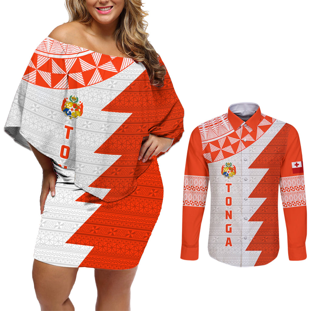 Custom Tonga Rugby Couples Matching Off Shoulder Short Dress and Long Sleeve Button Shirt Ikale Tahi Ngatu Tribal Pattern Half Style LT03