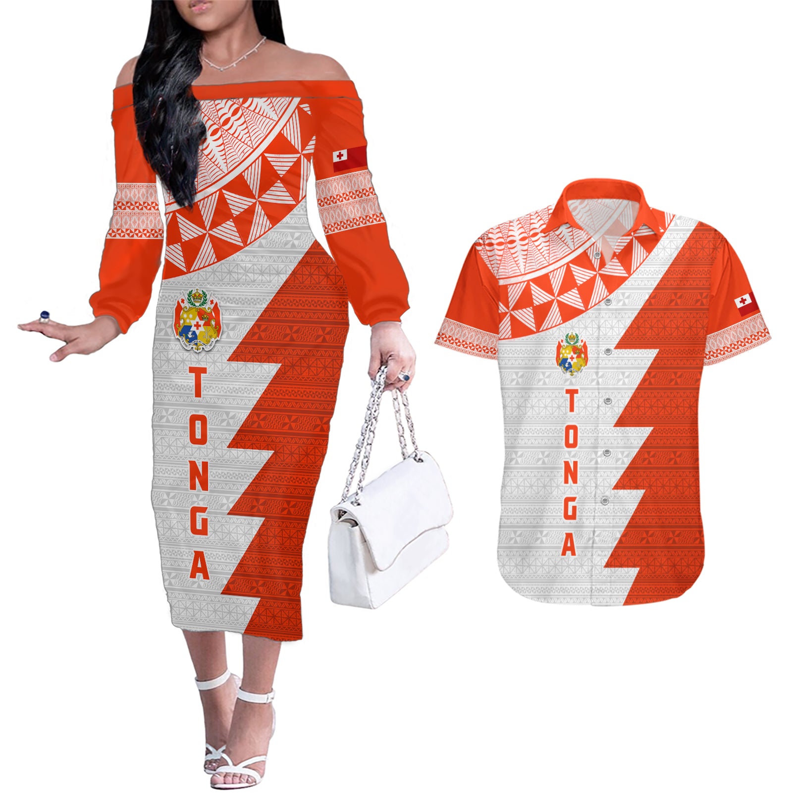 Custom Tonga Rugby Couples Matching Off The Shoulder Long Sleeve Dress and Hawaiian Shirt Ikale Tahi Ngatu Tribal Pattern Half Style LT03